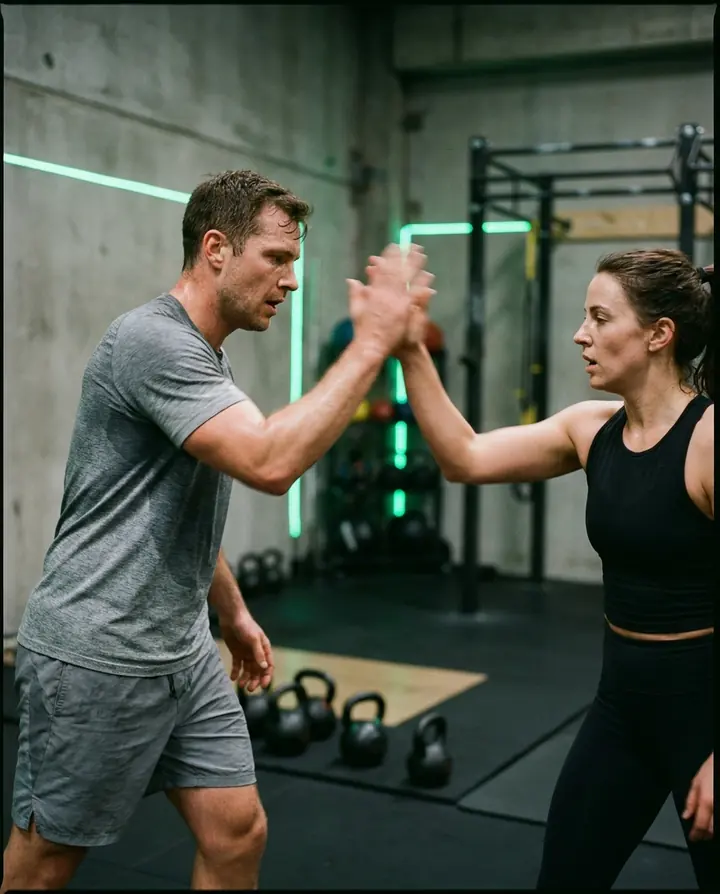Treinadora comemora com o aluno no fim do treino em um estúdio