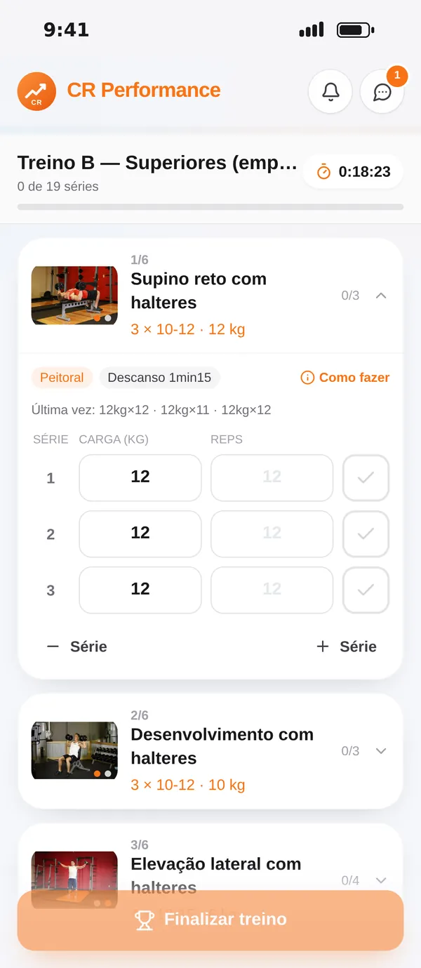 Treino do dia no app do aluno, com séries, carga da última vez e descanso