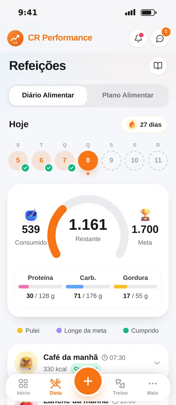 Dieta de hoje no app do aluno, com calorias restantes e macros